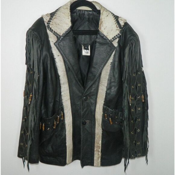 Vintage D. Frank Jacket Men Size‎ X-Large Black Leather White Fur Fringed Beaded - Picture 13 of 14